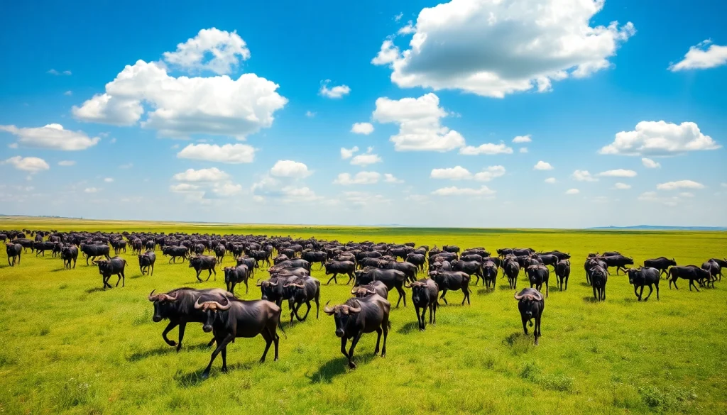 Witness wildebeest migrating during Serengeti Wildebeest Migration Safari across lush landscapes.