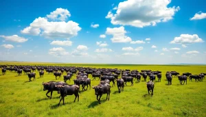 Witness wildebeest migrating during Serengeti Wildebeest Migration Safari across lush landscapes.