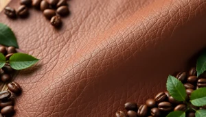 Showcasing Coffee leather in a textured close-up with natural elements, emphasizing its eco-friendly appeal.