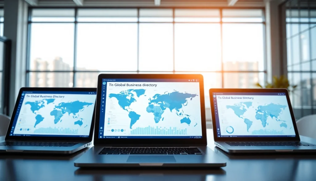 Showcasing a global business directory on a digital device in a professional office setting.