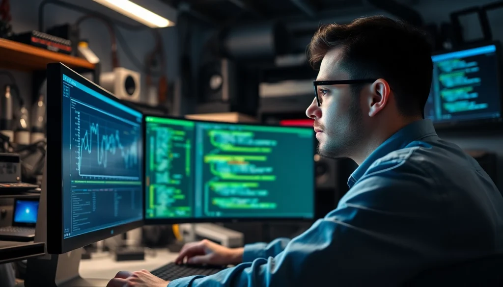 Engineer analyzing dma firmware on multiple screens in a high-tech workshop.