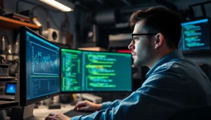 Engineer analyzing dma firmware on multiple screens in a high-tech workshop.
