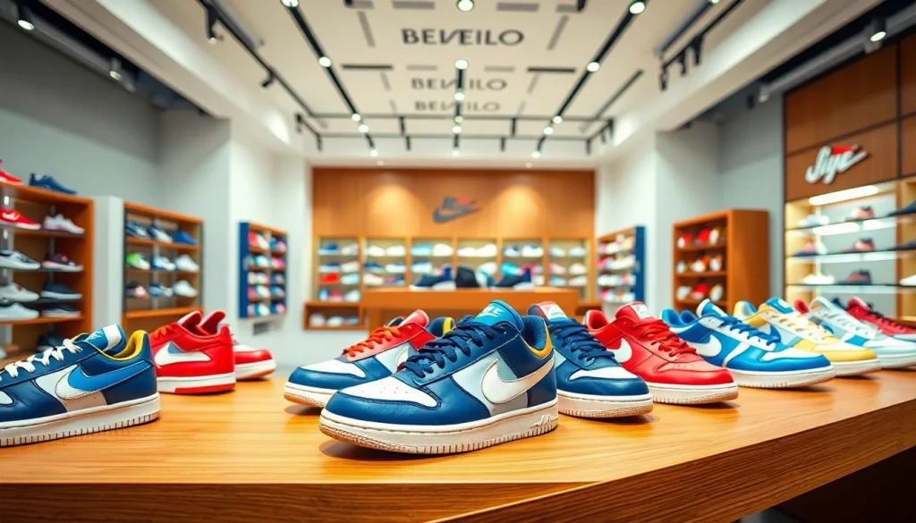 Display of stylish replica sneakers supplier showcasing a variety of sneaker designs and colors.