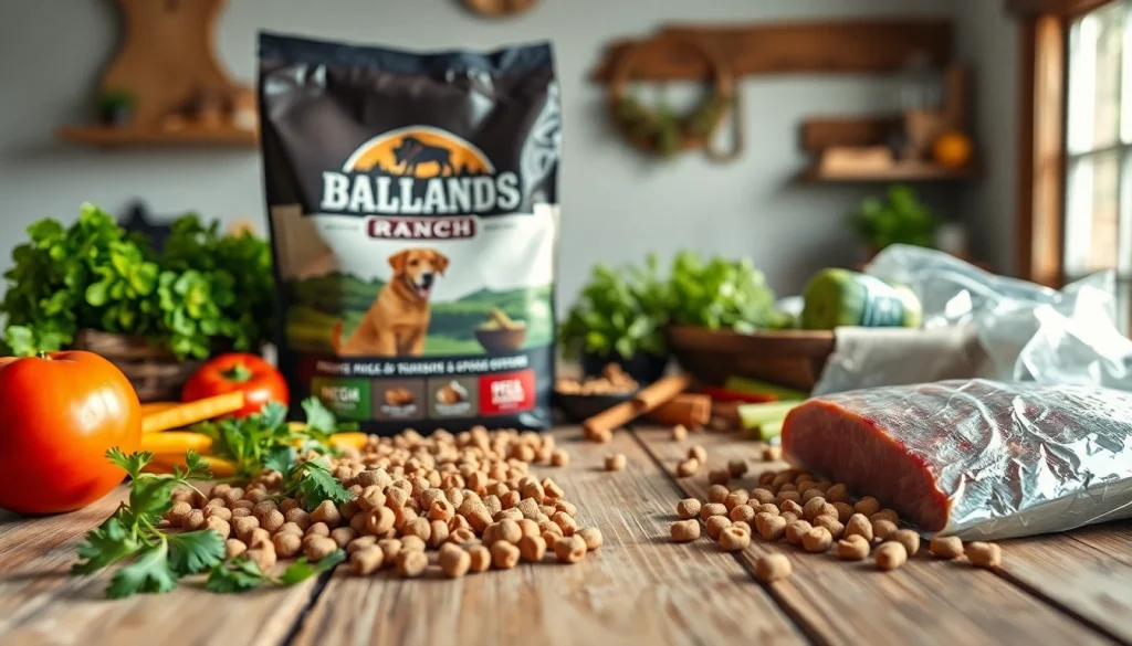 Highlighting badlands ranch dog food canada with fresh ingredients on wooden table.