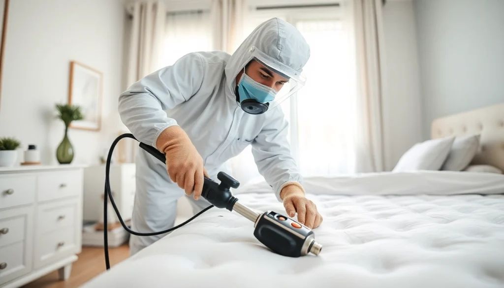 Exterminator showcasing bed bug control methods in a modern bedroom setting.