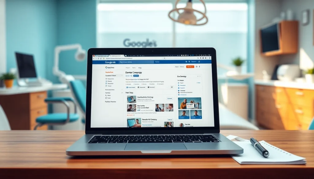 Dental PPC campaign overview with a modern dental office setting and marketing tools.