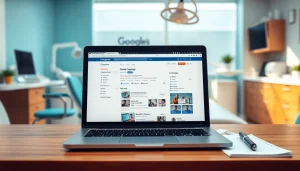 Dental PPC campaign overview with a modern dental office setting and marketing tools.
