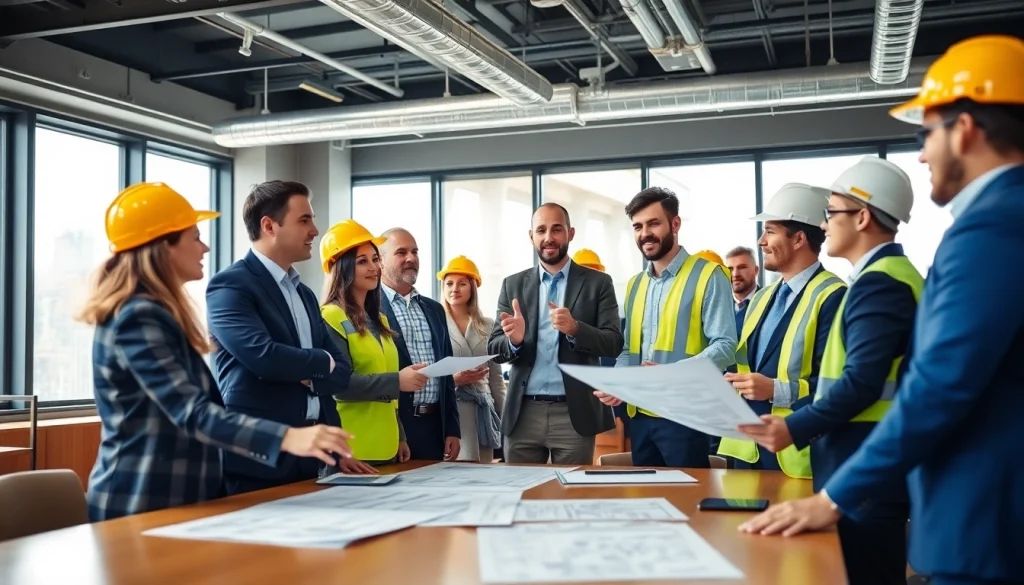 Engaged professionals at a construction association denver conference discussing industry innovations.