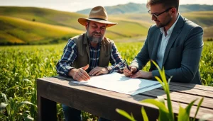 A farmer discussing agriculture law with a lawyer in a field, showcasing teamwork and legal support.