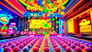 Permainan situs plinko yang mendebarkan dengan bola warna-warni jatuh di papan.