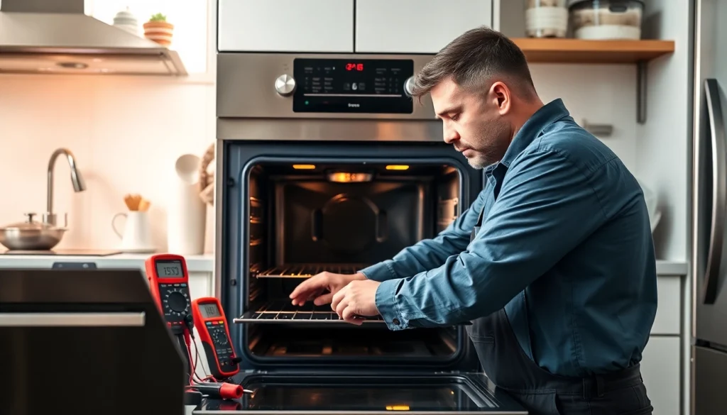 Tech inspecting oven repair for efficient kitchen maintenance