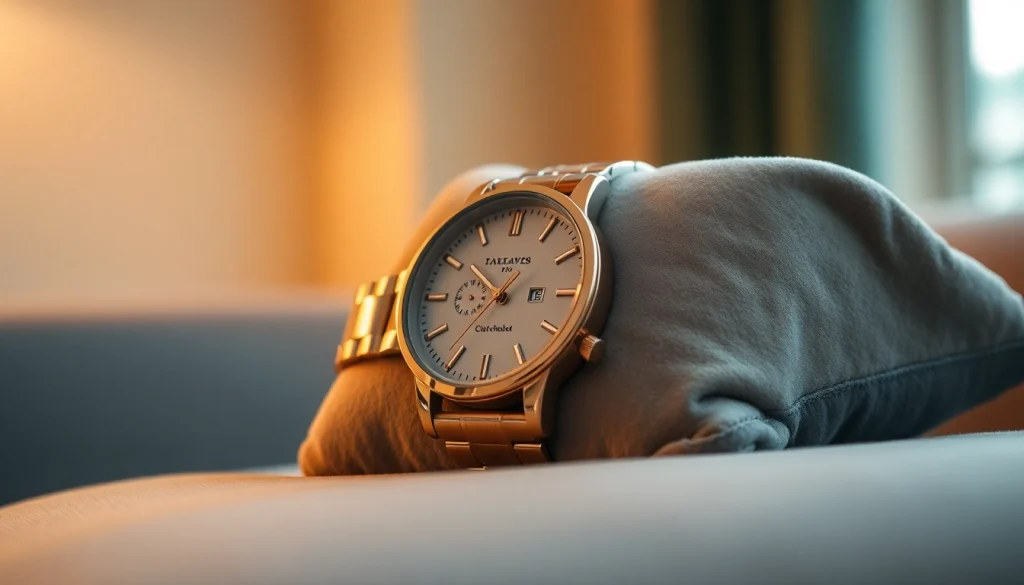 Elegante Damen Armbanduhr auf einem Samtkissen mit glänzenden Details positioniert.