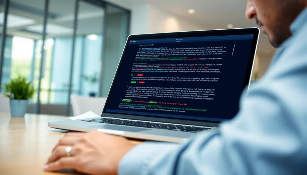 Analyze text using an ai checker on a computer screen in a modern office setting.