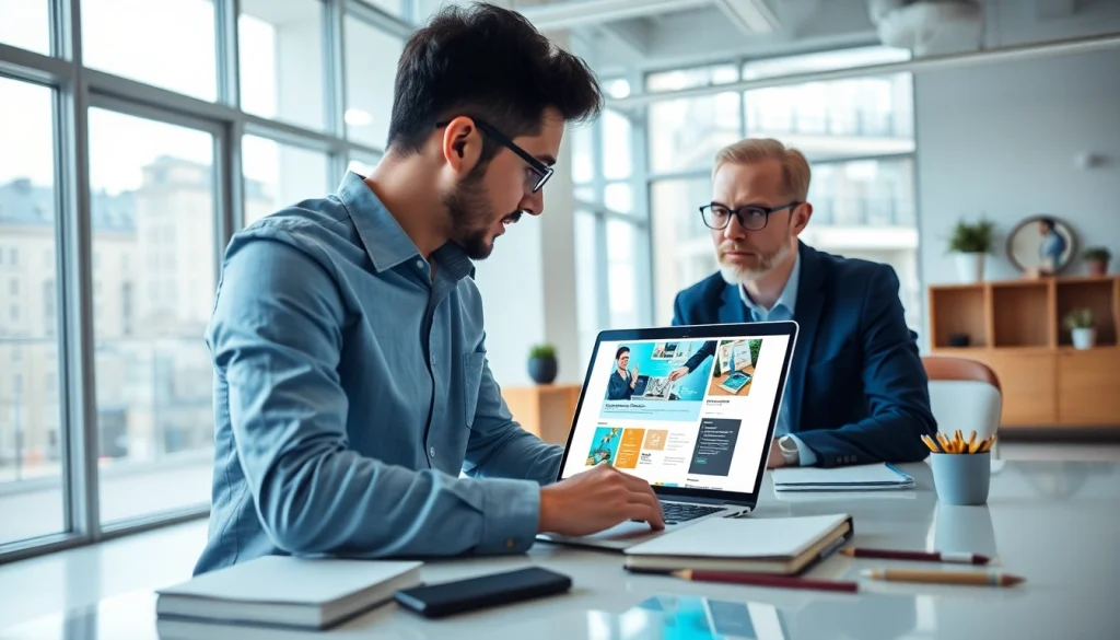 Création site internet Luxembourg : designer aidant un client pour un site web moderne.