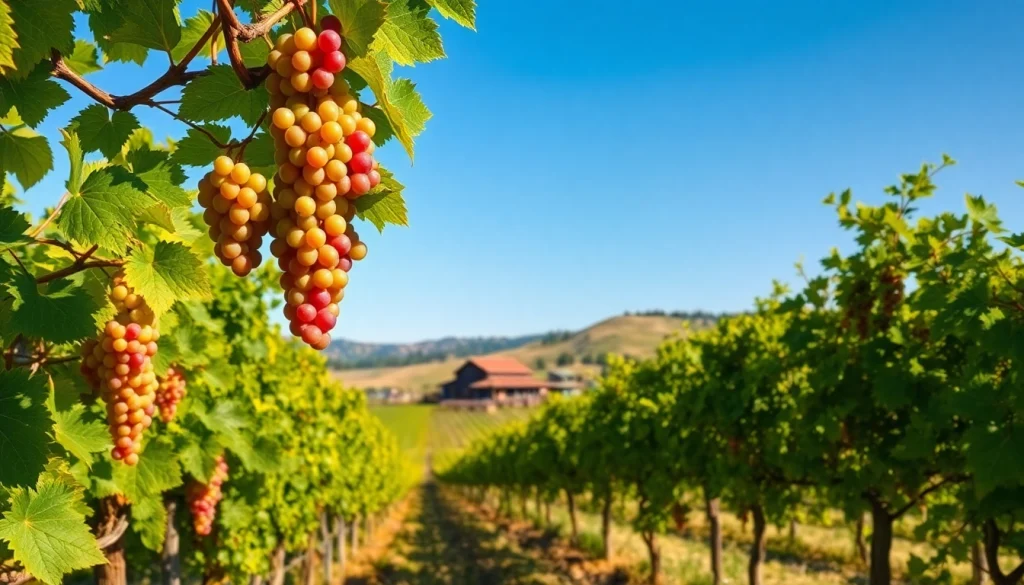 Visit Clarksburg wineries and enjoy scenic vineyards with ripe grapes and rustic buildings.