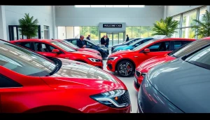 Auto sh Bucuresti cu o gamă variată de automobile expuse în fața unui showroom atrăgător.