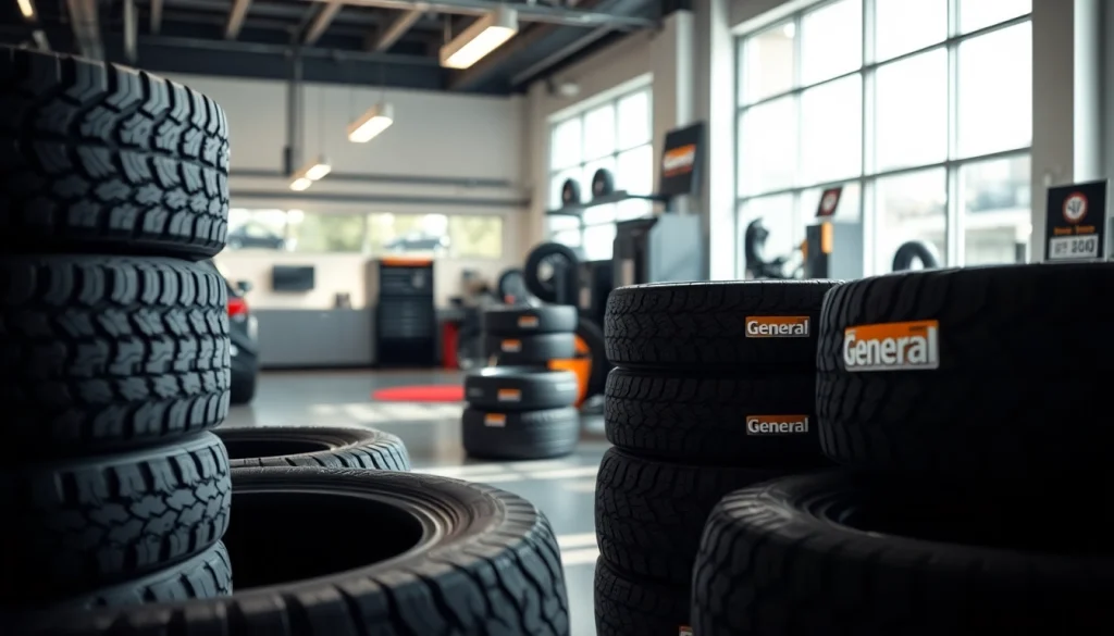 Showcase of General tires in a professional automotive showroom highlighting quality and variety.