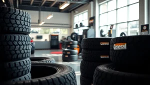 Showcase of General tires in a professional automotive showroom highlighting quality and variety.