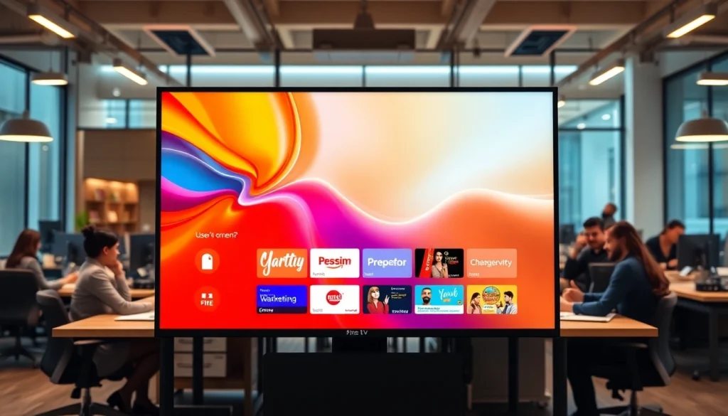 Engage audiences with Fire TV digital signage app showcased on a vibrant display in a modern office.