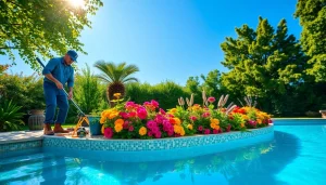 Improve Pool and garden maintenance with a well-maintained garden and sparkling pool scene.