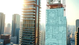 Engage with strategies to play sim tower by building a vibrant skyscraper empire in this illustrative composition.