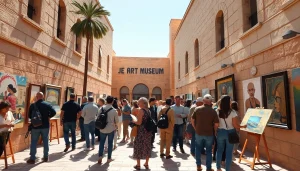 Visitors engaging with art outside the Jerusalem Art Museum showcasing cultural diversity.
