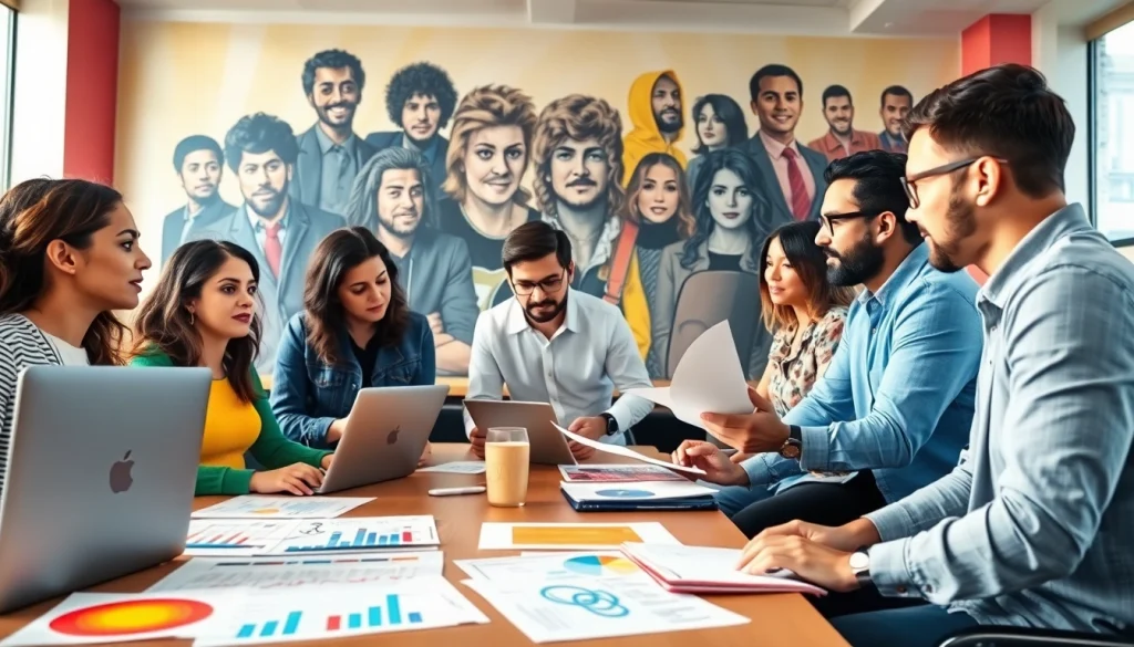 Team strategizing music PR company tactics in a vibrant, professional office environment.