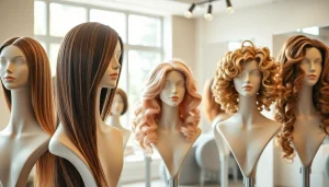 Fashionable human hair wigs displayed elegantly, showcasing various styles and textures for women.