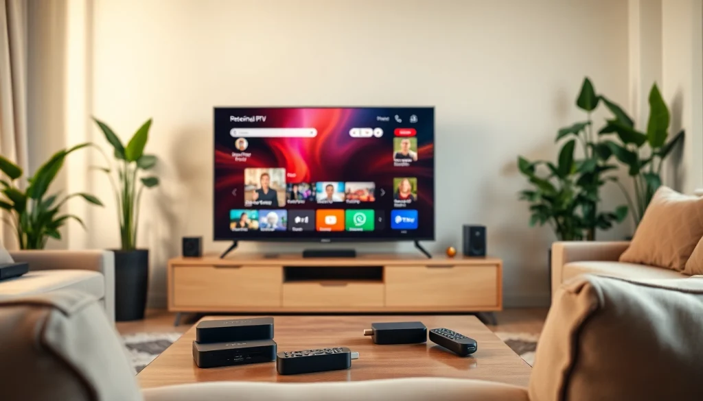 Comprar IPTV en una sala de estar moderna con pantalla grande.