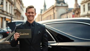 Engaging london chauffeur ready to assist beside a luxury car, embodying sophistication.