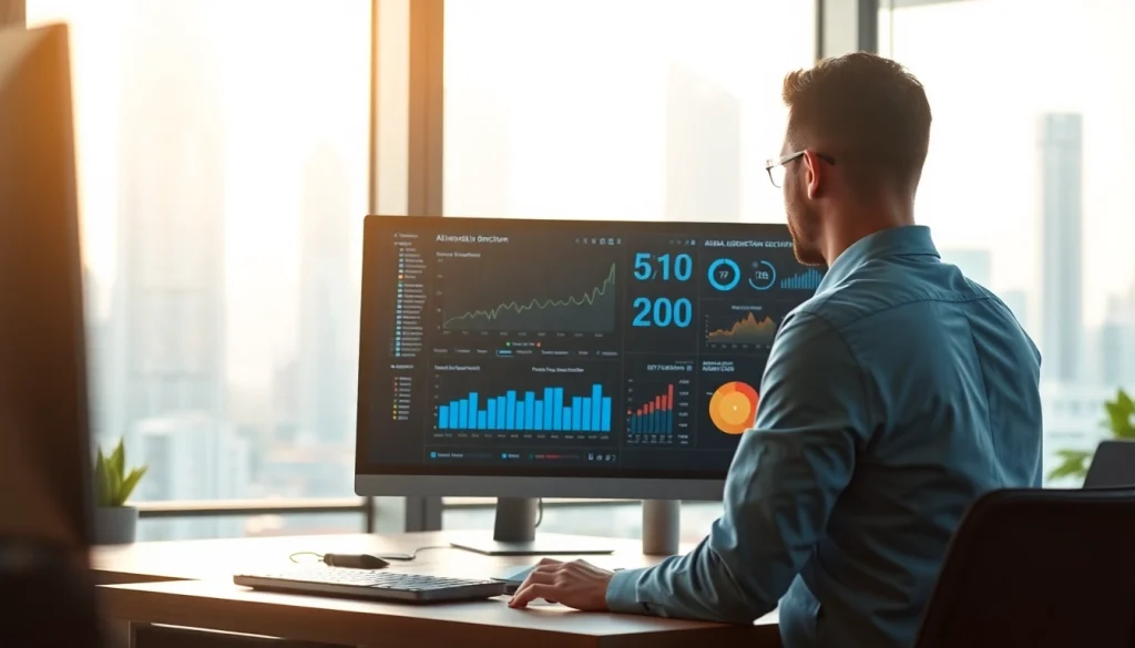 Visualize Proactive anomaly detection through a data analyst examining an AI dashboard in a modern office.