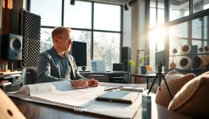Showcase expert consultation at https://www.polarisacoustics.com with sound equipment and blueprints in a bright office.