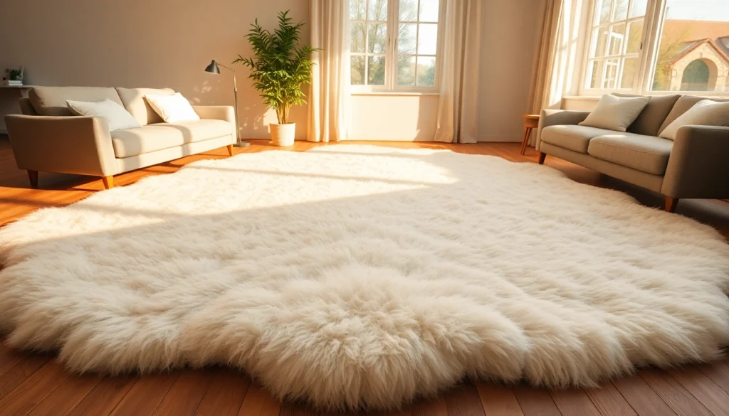 Transform your space with a large sheepskin rug adding comfort and elegance to your living area.
