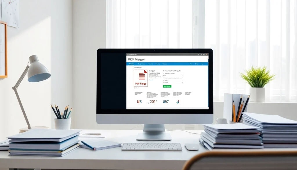 Utilize a pdf merger tool on a professional digital workspace showcasing documents and office supplies.
