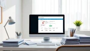 Utilize a pdf merger tool on a professional digital workspace showcasing documents and office supplies.
