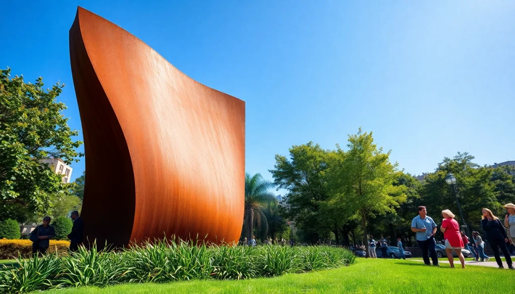 Acier corten sculpture captivates visitors in a vibrant urban park setting.