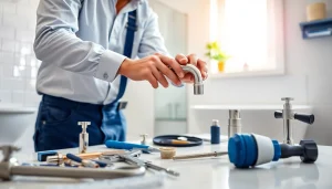 Dedicated plumber near me installing a faucet in a bright, modern bathroom.