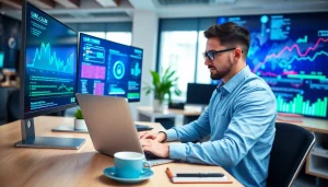 Monitor LLM security vulnerabilities with a cybersecurity analyst analyzing data in a modern office.