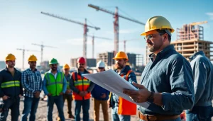 New Jersey Commercial General Contractor overseeing construction activity with workers on-site.