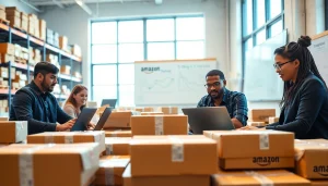 Engaging scene showcasing Amazon FBA wholesale distribution team discussing strategies and products.
