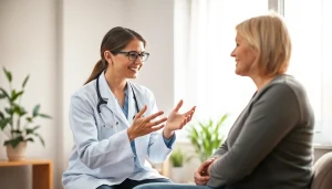 Therapist demonstrating anxiety management techniques in a calm office.