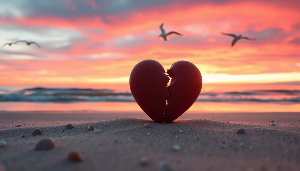 Symbolizing the emotional turmoil of a relationship breakup, a fractured heart on a beach at sunset.