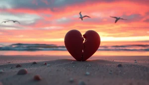 Symbolizing the emotional turmoil of a relationship breakup, a fractured heart on a beach at sunset.