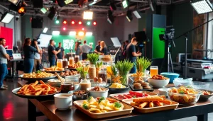 Catering setup showcasing Craft services for film sets Hamilton with vibrant food and film equipment.