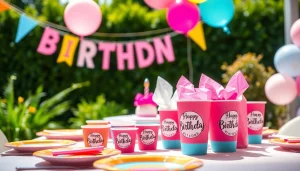 Decorative setup for a customizable birthday party featuring personalized items and colorful accents.