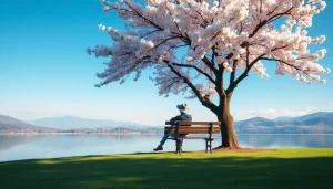 A calming scene about dealing with grief, featuring a solitary figure under a cherry blossom tree.