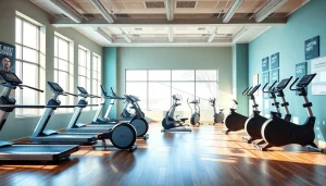 Des appareils cardio professionnels bien disposés dans une salle de sport moderne avec une ambiance motivante.