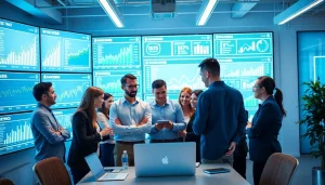 Engaged search optimization company team analyzing performance metrics in a modern workspace.