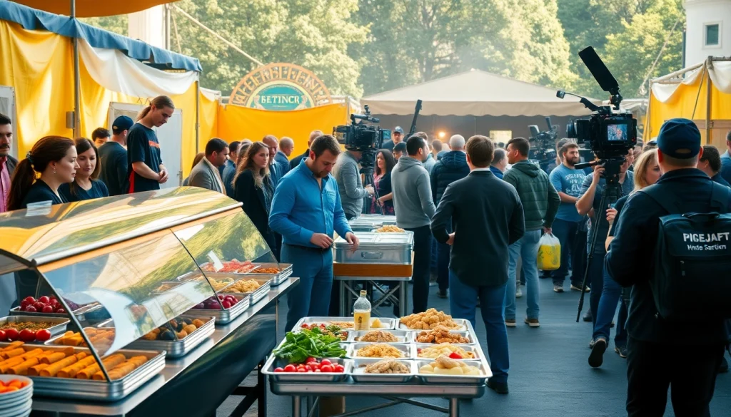 Offering Craft services for film sets Hamilton, professional caterers prepare delicious food in a vibrant filming environment.