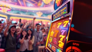 Watch the colorful pg slot machine spin in the lively casino atmosphere.